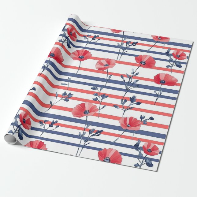 Red Poppies with Blue Leaves and Striped Pattern 2 Wrapping Paper (Unrolled)