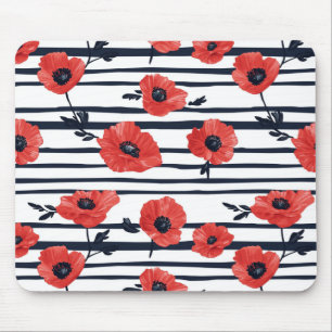 Red Poppies with Blue Leaves and Striped Pattern 3 Mouse Pad