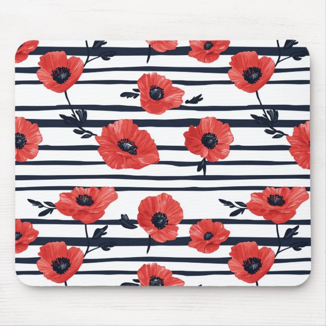 Red Poppies with Blue Leaves and Striped Pattern 3 Mouse Pad (Front)