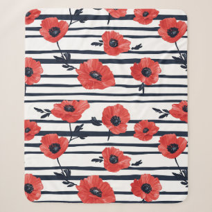 Red Poppies with Blue Leaves and Striped Pattern 3 Sherpa Blanket