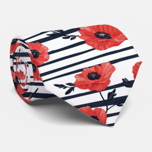 Red Poppies with Blue Leaves and Striped Pattern 3 Tie