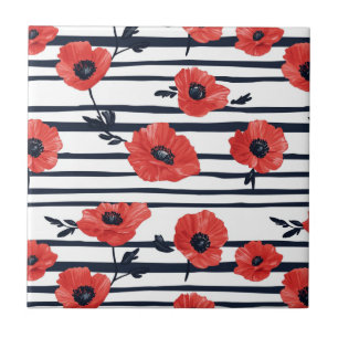 Red Poppies with Blue Leaves and Striped Pattern 3 Tile