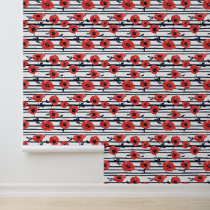 Red Poppies with Blue Leaves and Striped Pattern 3 Wallpaper