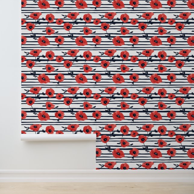 Red Poppies with Blue Leaves and Striped Pattern 3 Wallpaper (Application)