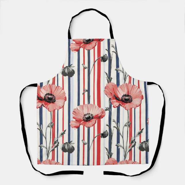 Red Poppies with Blue Leaves and Striped Pattern Apron (Front)