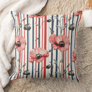 Red Poppies with Blue Leaves and Striped Pattern Cushion