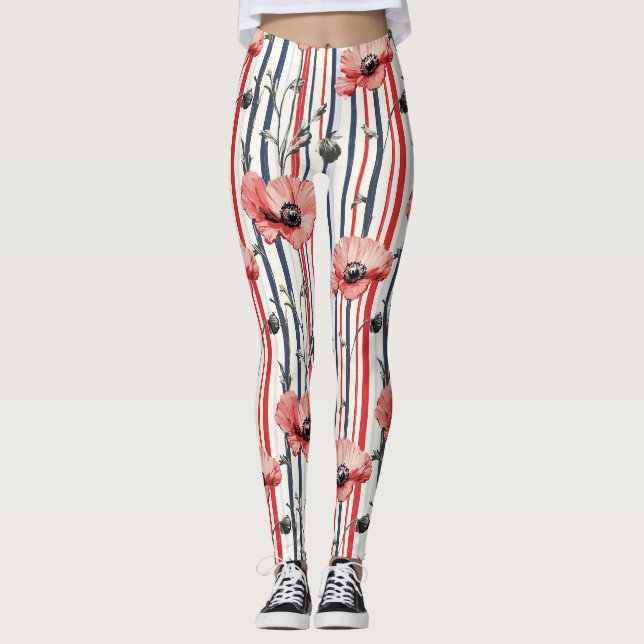 Red Poppies with Blue Leaves and Striped Pattern Leggings (Front)