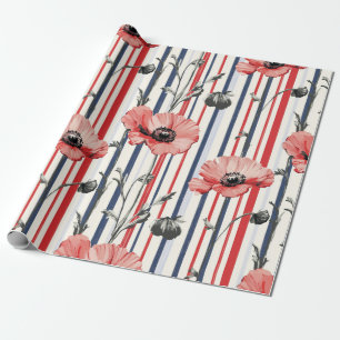 Red Poppies with Blue Leaves and Striped Pattern Wrapping Paper