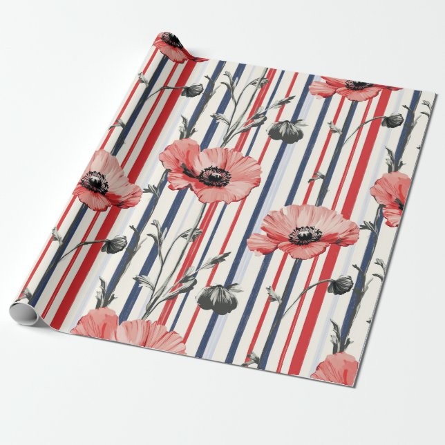 Red Poppies with Blue Leaves and Striped Pattern Wrapping Paper (Unrolled)