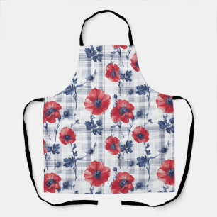 Red Poppies with Blue Leaves on Blue Chequered Apron