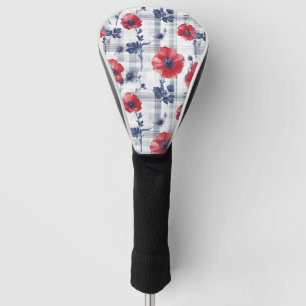 Red Poppies with Blue Leaves on Blue Chequered Golf Head Cover