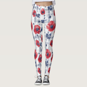 Red Poppies with Blue Leaves on Blue Chequered Leggings