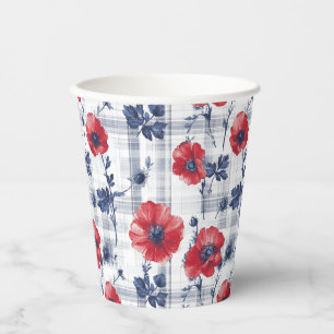 Red Poppies with Blue Leaves on Blue Chequered Paper Cups