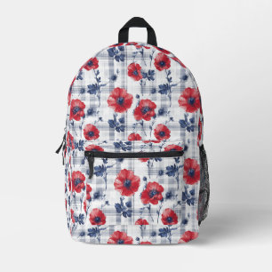 Red Poppies with Blue Leaves on Blue Chequered Printed Backpack