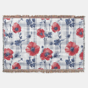 Red Poppies with Blue Leaves on Blue Chequered Throw Blanket