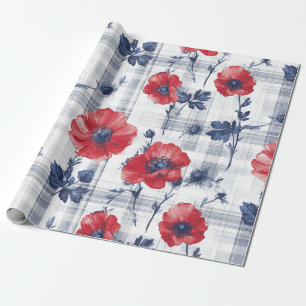 Red Poppies with Blue Leaves on Blue Chequered Wrapping Paper