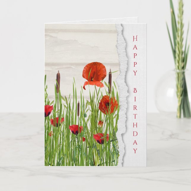 red poppies with cattails birthday card (Front)