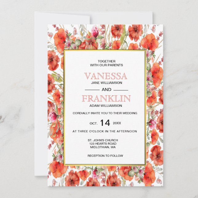 Red Poppies with Gold Frame Wedding Invitation (Front)