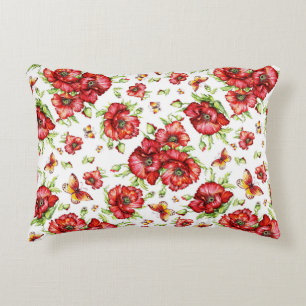 Red Poppies with Green Foliage on White Background Decorative Cushion
