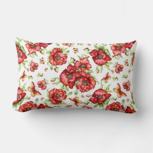 Red Poppies with Green Foliage on White Background Lumbar Cushion