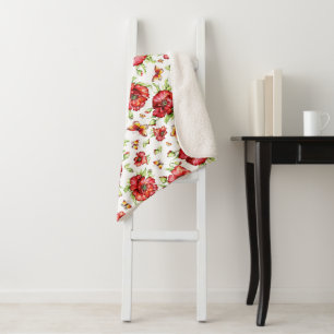 Red Poppies with Green Foliage on White Background Sherpa Blanket