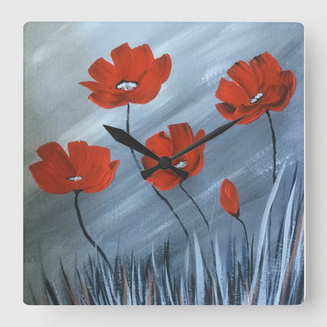 Red Poppies with Grey Background  Square Wall Clock (Front)