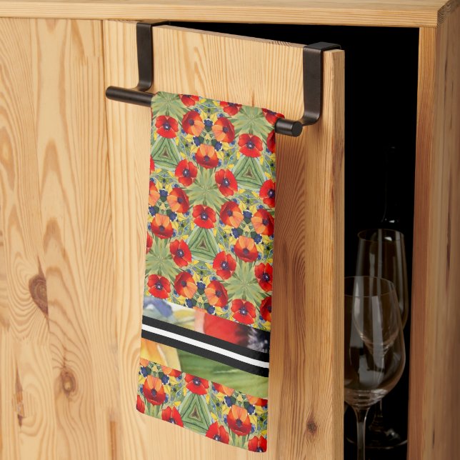 Red poppy all over mix n match painted design tea towel (Thirds Fold)