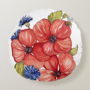 Red Poppy and Blue Cornflower Watercolor Round Cushion