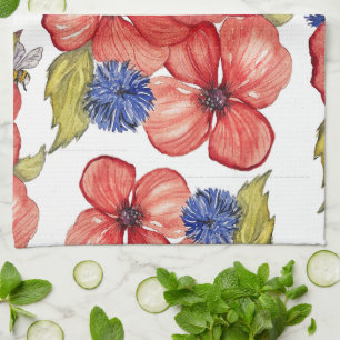 Red Poppy and Blue Cornflower Watercolor Tea Towel