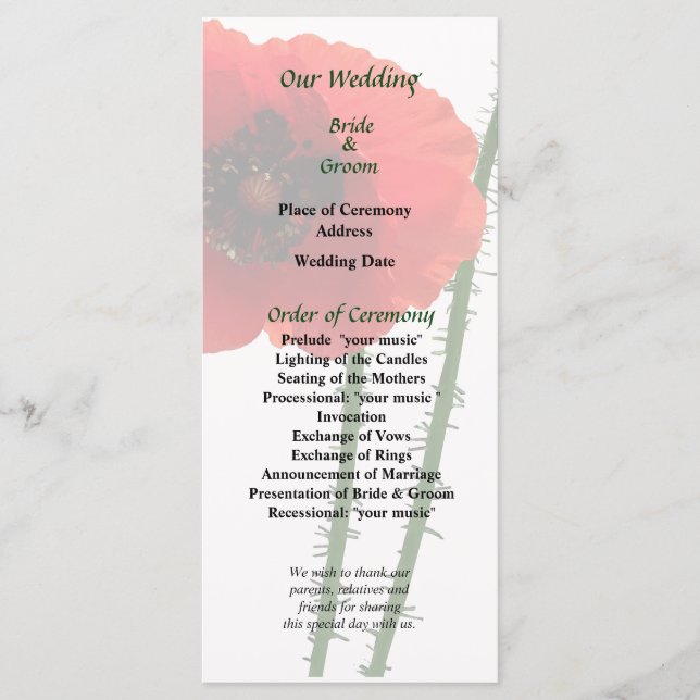 Red Poppy and Bud Wedding Program Programme (Front)