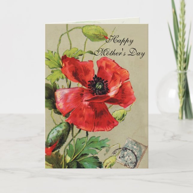RED POPPY  AND BUTTERFLY / Mother's Day Card (Front)