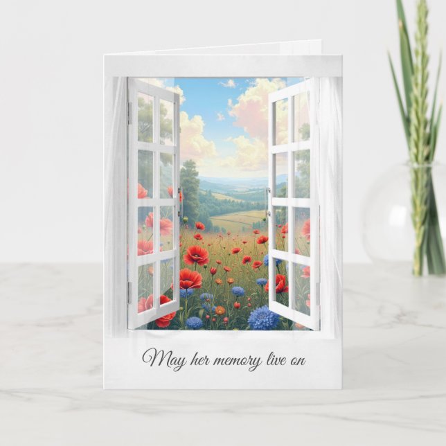 Red Poppy and Dahlia Field In Window Sympathy Card (Front)
