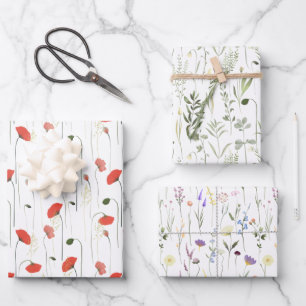 Red Poppy And Green Leaves Purple Flowers Patterns Wrapping Paper Sheet
