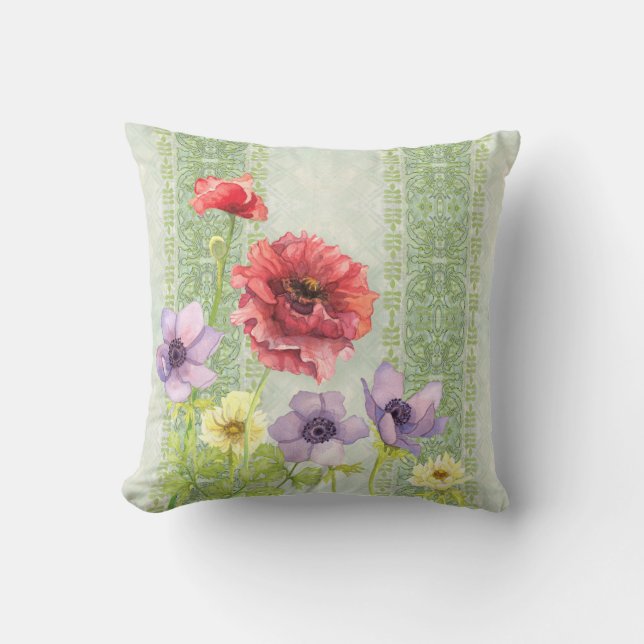 Red Poppy Anenome Art Nouveau Striped Home Decor Cushion (Front)