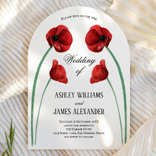 Red Poppy Arched Flowers Modern Wedding Invitation