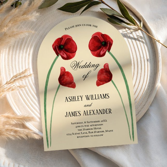 Red Poppy Arched Flowers Modern Wedding Invitation (Creator Uploaded)