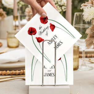 Red Poppy Arched Flowers Modern Wedding Napkin
