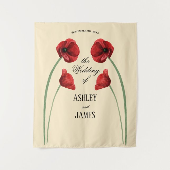 Red Poppy Arched Flowers Modern Wedding Tapestry (Front)