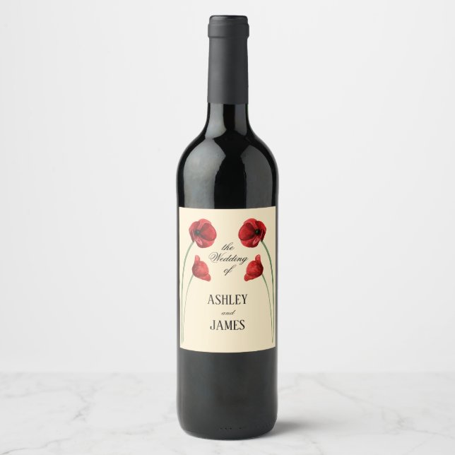 Red Poppy Arched Flowers Modern Wedding Wine Label (Front)