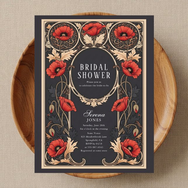 Red Poppy Art Nouveau Bridal Shower Invitation Postcard (Creator Uploaded)