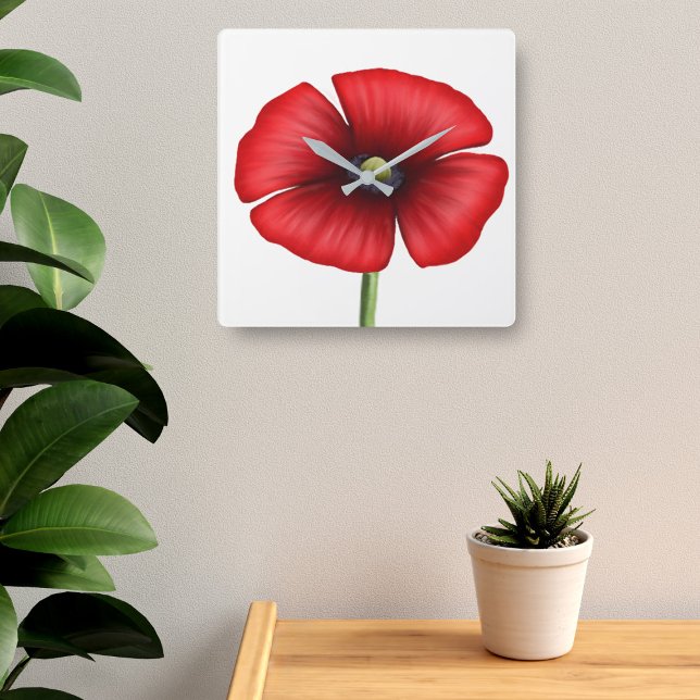 Red Poppy Art Square Wall Clock (Pop a poppy clock on your wall today!)