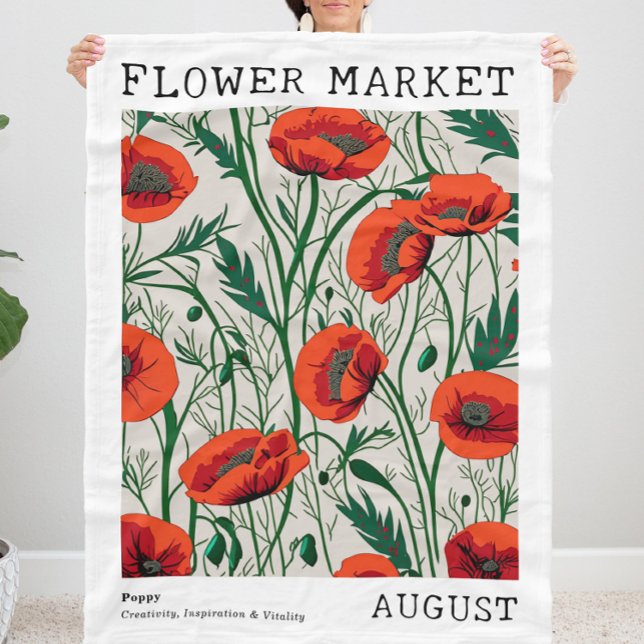 Red Poppy August Birth Flower Market Green Floral Fleece Blanket (Personalized August Birth Flower Market Print Fleece Blanket, Customizable Red Poppy Floral Blanket)