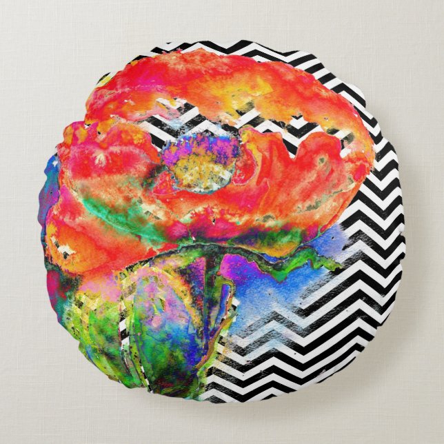 Red Poppy black and white chevron Round Cushion (Front)