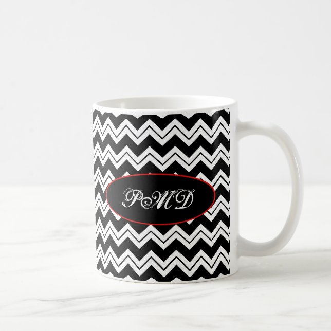 Red Poppy Black & White Monogram Chevron Zizzag Coffee Mug (Right)