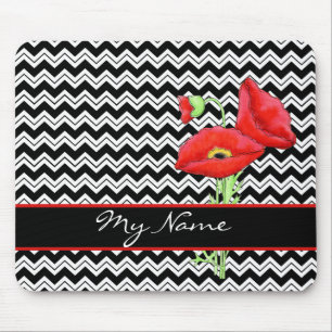 Red Poppy Black & White Personalise Chevron Zizzag Mouse Pad
