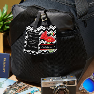 Red Poppy Black White Zizzag Chevron Custom Luggage Tag