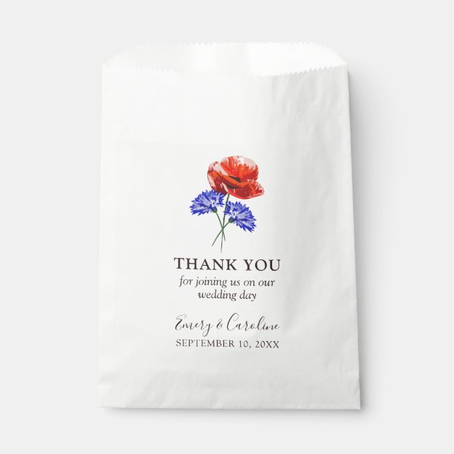 Red Poppy Blue Cornflower Rustic Wedding Thank You Favour Bags (Front)