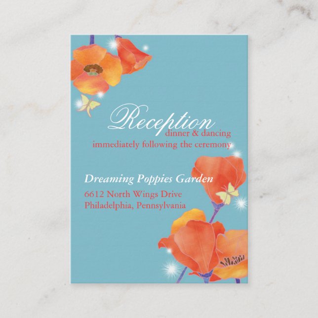Red Poppy Blue Wedding Reception Enclosure Card (Front)