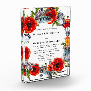 Red Poppy Boho Feathers Keepsake Wedding Invite Photo Block