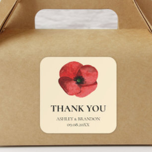 Red Poppy Botanical Wildflower Wedding Thank You Square Sticker